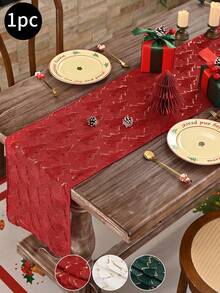 1pc White Gold Foil Christmas Tree Thin Rectangular Table Runner, Polyester Solid Color Decorative Table Runner, Suitable For Home Decor Like Dining Table, TV Stand, Coffee Table, Room Decor, Christmas Decor, Christmas Gifts - Multicolor - View 3