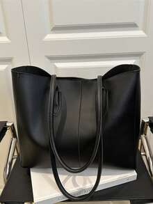 2pcs Women Black Quilted Lining Shoulder Tote Bag, Fashion Large Capacity Combination Handbag With Snap Closure, Casual Street Style For Photography, Daily Commute