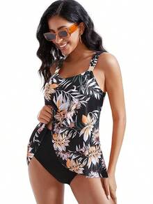 High Waisted Ruffle Tankini Swimsuit Plus Size Tummy Control - Yellow Floral - View 8