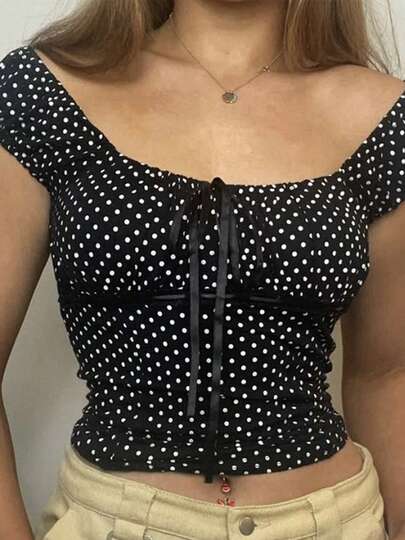 Women Cute Vintage Fairy Short Sleeve T-Shirts Y2k Dot Print Tie-Up Front Crop Tops Casual Lace Trim Fairy Teen Tops Summer Fashion Slim Fit T-Shirts Streetwear