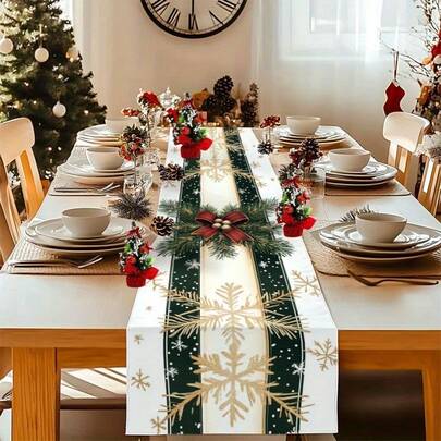 1 Peça - Toalha de Mesa Impressa em 2D com Tema de Natal para Casa, Cozinha, Sala de Jantar, Utensílios de Mesa, Escritório, Pequena Mesa de Café e Mesa de Centro, com Impressão de Galhos de Pinheiro e Luzes de Cores Quentes, Bandeira de Mesa Adequada para Natal e Outras Festas, Bem como Uso Interno e Externo na Cozinha.