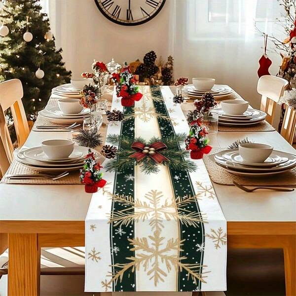 1 pieza - Mantel navideño impreso en 2D para el hogar, la cocina, el comedor, la vajilla, la oficina, la mesa de café pequeña y la mesa de café, con tema navideño, impresión de ramas de pino y luces de colores cálidos, bandera de mesa festiva adecuada para Navidad y otras festividades, así como para uso en interiores y exteriores de la cocina.