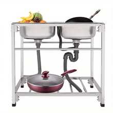 YUNRUX 2-Bowl Kitchen Sink, Freestanding Commercial Sink Made Of Stainless Steel - Silver - View 8