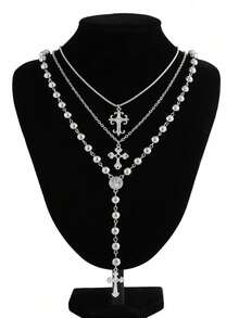 3pcs/Set Vintage Multilayer Cross Pendant Necklace Set, Fashionable Y-Shaped Necklace, Hip-Hop, Versatile, Minimalist, Bead Chain Necklace For Men/Women, Fashion Jewelry