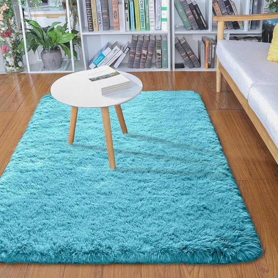 Modern Soft Fluffy Small Shaggy Rug For Bedroom Livingroom Dorm Kids Room Indoor Home Decorative, Non-Slip Plush Furry Fur Area Rugs Comfy Nursery Accent Floor Carpet 2x3 Feet, Teal - 藍綠色 - 查看 1