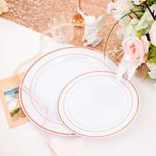 50/25/20/10/5pcs Reusable Washable White Round Rose Gold Rim Plates, Party Plates, Salad Plates, 10.25" And 7.5" Dinner Plates, Suitable For Christmas Gifts, Family Gatherings, Parties, Outdoor, Weddings, Restaurants, Kitchen