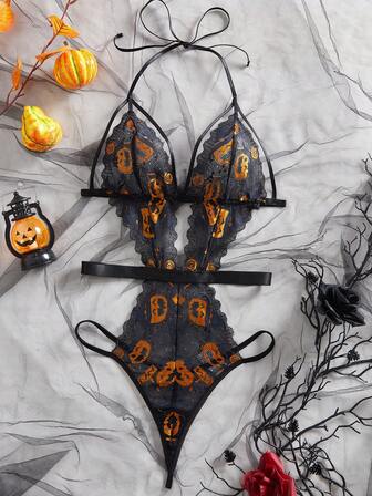 女士性感内衣，黑色南瓜头印花蕾丝紧身衣，腰部镂空设计和可调节肩带，超性感，非常适合万圣节、派对、夜总会、卧室、角色扮演场景。