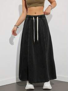 American Style Elastic Waist Loose Black Denim Skirt, Casual Mid-Length Denim Skirt, Fashionable Spring/Summer - Black - View 4