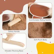 HOMCOM Kids Children Plush Rocking Horse Wooden Base Ride On Toy Rocker With Handle Grip Traditional Toy Fun Gift For Age 3+ (Brown) - Brown - View 4