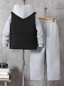 3 件套青少年男孩休闲时尚无袖背心、长袖连帽运动衫和直筒修身裤，秋冬 - 灰色 - 查看 2