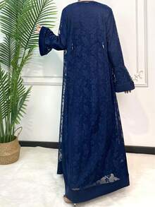 2 件纯色蕾丝开衫长袍套装，优雅的欧洲和中东风格，长袖长袍配腰带 - 藏蓝色 - 查看 3