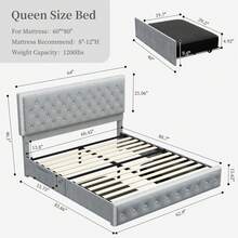 SIBEDS Queen Upholstered RGB LED Platform Bed Frame With Storage Drawers, Crystal Tufted Headboard, Velvet Gray - 絲絨灰 - 查看 10