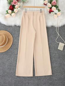 1pc Solid Color Polyester Button Pocket Zipper Women's Pants, Suitable For Holiday, Office, Home, Daily, Vacation, All Seasons Spring - Apricot - View 3