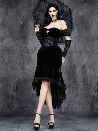 Women's Gothic Sexy Dark Gorgeous Retro Romantic Halloween One-Shoulder Cross Role Play Ghost Bride Dark Wedding Lace Splicing Velvet Cocktail Party Dress With Elastic Asymmetrical