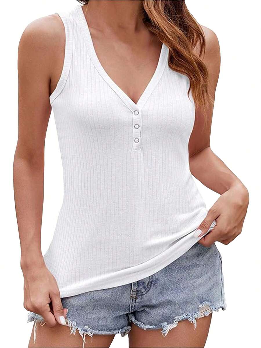 KAHULE Womens Ribbed Knit Tank Tops V Neck Sleeveless Sunmmer Casual Tops - 白色 - 查看 1