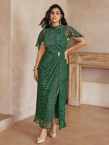 Vestido maxi elegante de talla grande para mujer con capa brillante de unicolor, manga tipo capa, decoración metálica en la cintura y abertura en el bajo, ideal para eventos de noche, fiestas de cumpleaños, invitada de boda, vestido verde de Navidad