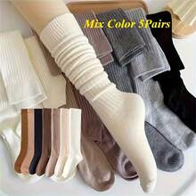 1/3/5 pares de meias femininas quentes e grossas até a panturrilha - ajuste fino, cor sólida com listras laterais, laváveis à máquina, perfeitas para botas de outono e inverno, design casual e estiloso, meias de inverno | Meias de ajuste fino | Textura