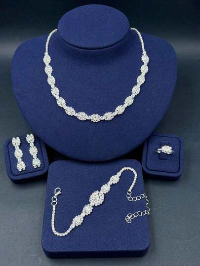 1 Set Women's Fashion Jewelry Set, Zirconia + New Cubic Zirconia Necklace, Earrings, Bracelet, Ring 4pcs Diamond Accessories Suitable For Daily Wear