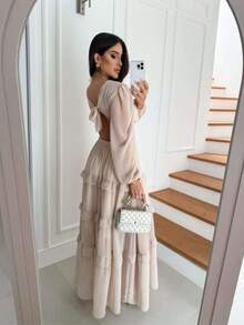 Women's Long Chiffon Dress With Long Sleeves, V-Neck, Ruffled Hem And Lining - Blanco - Ver 2