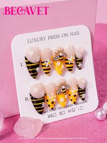 BEGAVET 10pcs Handmade Salon Quality Nail Art Press On Nails Long Almond Yellow Bee French Tips Exclusive Design 3D Nails With 3D Charms, Suitable For Parties/Music Festival And Daily Wear