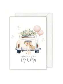 1PC Elegant Wedding Day Greeting Card, Personalised "Just Married" Wedding Card, Vintage Wedding Car And Floral Bouquet & Balloons Design, Newlyweds Gifts, Congratulations Wedding Day Card, Ideal Gift For Couples, Friends, And Family - Multicolor - View 4