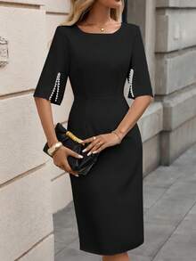 女士白色仿珍珠经典圆领系带中长连衣裙，黑色夏季优雅款 - 黑色 - 查看 4