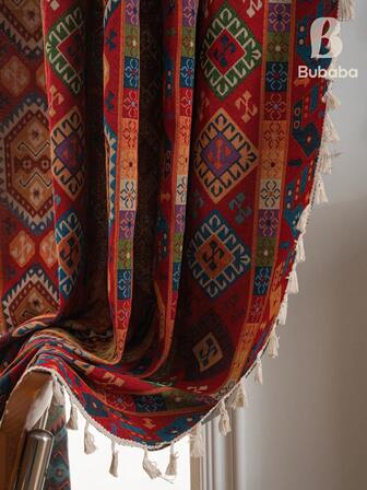 1pc Colorful Geometric Pattern Blackout Curtain, Vintage Kilim Style Jacquard Knit Linen Home Decor Curtain With Tassel Trim, Suitable For Holiday Decoration, Party Celebration, Farmhouse, Living Room, Bedroom, Sunroom, Dining Room, Hotel