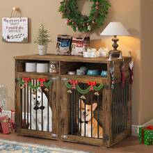 Furniture Dog Crate For 2 Dogs, 41 Inch Dog Kennel Furniture With Removable Divider And Shelf Storage, Wooden Dog Crate For Small/Medium Dogs, White/ Brown/ Gray - 棕色 - 查看 7