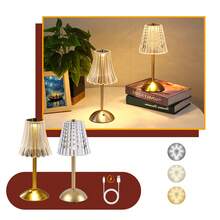 3-Tone Table Lamp Crystal Lampshade Rechargeable LED Bedside Lamp Living Room Bedroom Decoration - 芥末黃 - 查看 2