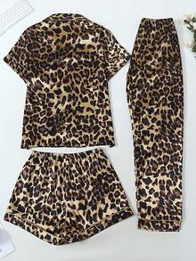 3 件套缎面猎豹印花睡衣套装 - 短袖上衣、短裤和长裤，女士休闲宽松睡衣，适合居家和户外穿着，春夏秋冬 - 彩色 - 查看 3
