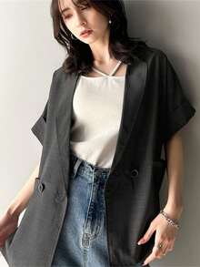 LEBINDY Women's Jacket, Short Sleeve, Plus Size, Long, Loose, Tailored, Double-Breasted, Linen, Linen-Like Short Sleeve Shirt Jacket.