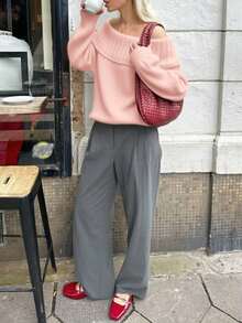 Nuevo suéter de mujer de moda, unicolor, casual, de manga larga, con cuello plegado, sexy, sin tirantes y de diseño de cuello único