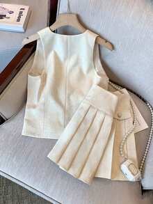 Bộ áo vest blazer thanh lịch kiểu dáng ngàn đồng xu và chân váy xếp ly chữ A cho nữ mùa xuân/hè - Màu be - Xem 2