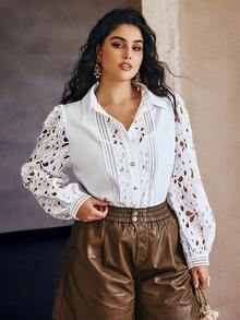 Women's Plus Size Elegant Lace Patchwork Floral Trim Button Front Long Sleeve Blouse, Autumn