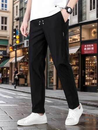 Men's Lightweight Casual Sports Pants, Elastic Waist, Solid Color, 4-Way Stretch, Unlined, Straight Leg, Suitable For Sports, Outdoor, Running