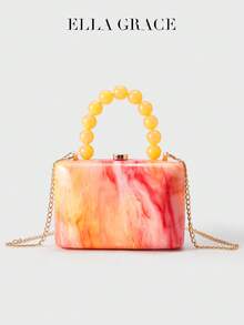 ELLA GRACE - Túi cầm tay họa tiết vỏ sò Acrylic có quai xách ngọc trai và dây đeo xích có thể tháo rời, ví cầm tay hình chữ nhật thanh lịch cho tiệc cưới và tiệc tối - Màu vàng - Xem 4
