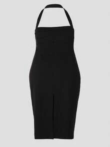 女士纯色后背开衩露背紧身长裙紧身性感派对礼服优雅生日服装 - 黑色 - 查看 2