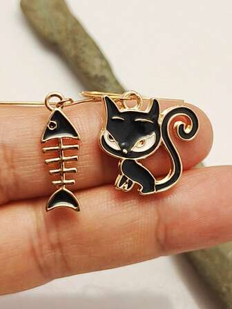 1 par asymmetriska droppoljekatt- och fiskörhängen i kopparlegering, nischdesign, lyxiga minimalistiska modeörhängen i exklusivt utförande, lämpliga för gata, dejt, fest, bröllop