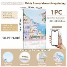 1pc, Canvas Framed Wall Art, Positano Coast Artwork, Pink Villa Decorative Painting, Mediterranean Style Decor, Italian Coastal Scenery, Folk Art Style, Spring Wall Art, Fashionable Home Decor, Room Decor, Bedroom Decor, Dormitory Decor, Living Room Decor