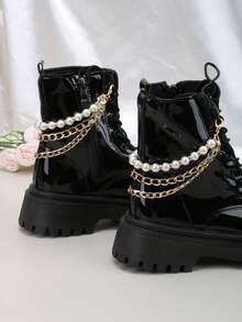 2pcs Detachable DIY Boot Decorations, Fashionable Rock Style 3-Layer Large Faux Pearl Chain Decor, Cool Accessories Chain For DIY Decoration, Party Outfit, Unisex Boots Accessories - Gold - View 4