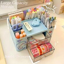 1 pieza Caja de almacenamiento de maquillaje, organizador de escritorio con cajón, estuche de exhibición de cosméticos de gran capacidad con múltiples rejillas, soporte para brochas de maquillaje, apto para guardar lápiz labial, joyería, manicura, productos para el cuidado de la piel, organizador de tocador de baño, decoración de tocador, contenedor de artículos de oficina, suministros de vuelta al colegio, regalo navideño, regalo de Navidad