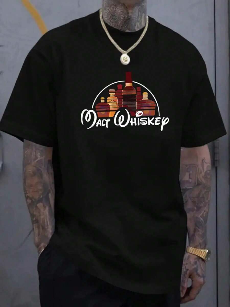 Plus Size Men's & Women's Whiskey Lovers T-Shirt - 100% Cotton Malt Whiskey Graphic Tee With Scottish Gaelic Lettering & Whisky Bottle Design - Casual Comfortable Summer Spring Fall Clothing - Ideal Alcohol Lover Gift For Scotch Enthusiasts, PLUS SIZE - 黑色 - 查看 1