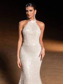 Faeriesty 奢华美人鱼亮片晚礼服，颈后饰有缎带蝴蝶结，裙摆飘逸——是红毯婚礼、优雅盛会、精致舞会和高端晚宴聚会等女士正式场合的理想之选。 - 杏色 - 查看 7