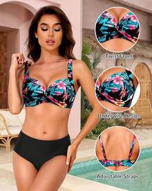 Women's Push Up Underwire Bikini Top - Padded Swimwear - 熱帶花卉 - 查看 5
