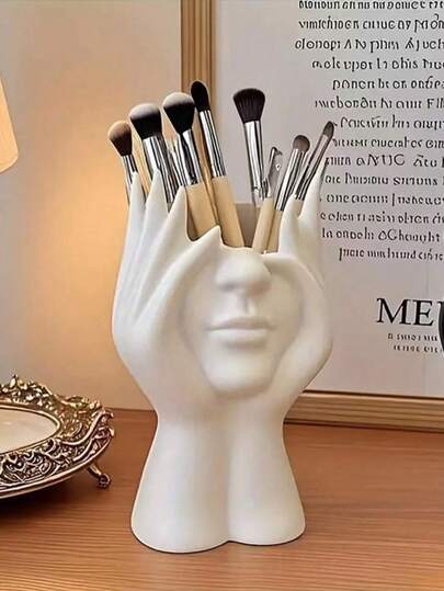 1pc Multi-Function Desk Organizer Box, Pen Holder, Makeup Brush Holder, Decorative Facial Flower Vase, Creative Art Sculpture Home Decor