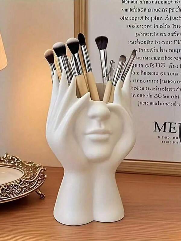 1pc Multi-Function Desk Organizer Box, Pen Holder, Makeup Brush Holder, Decorative Facial Flower Vase, Creative Art Sculpture Home Decor
