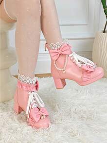 Platform Sweet Bow  Ankle Boots For Women Lace Goth Chunky Mid Heel Boots With Pearl Comfort Lace Up Princess Booties - 粉色 - 查看 7