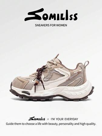 somiliss 5厘米厚底系带休闲女鞋，透气网眼面料，防滑户外步行鞋，时尚厚底，杏色，适合日常穿着