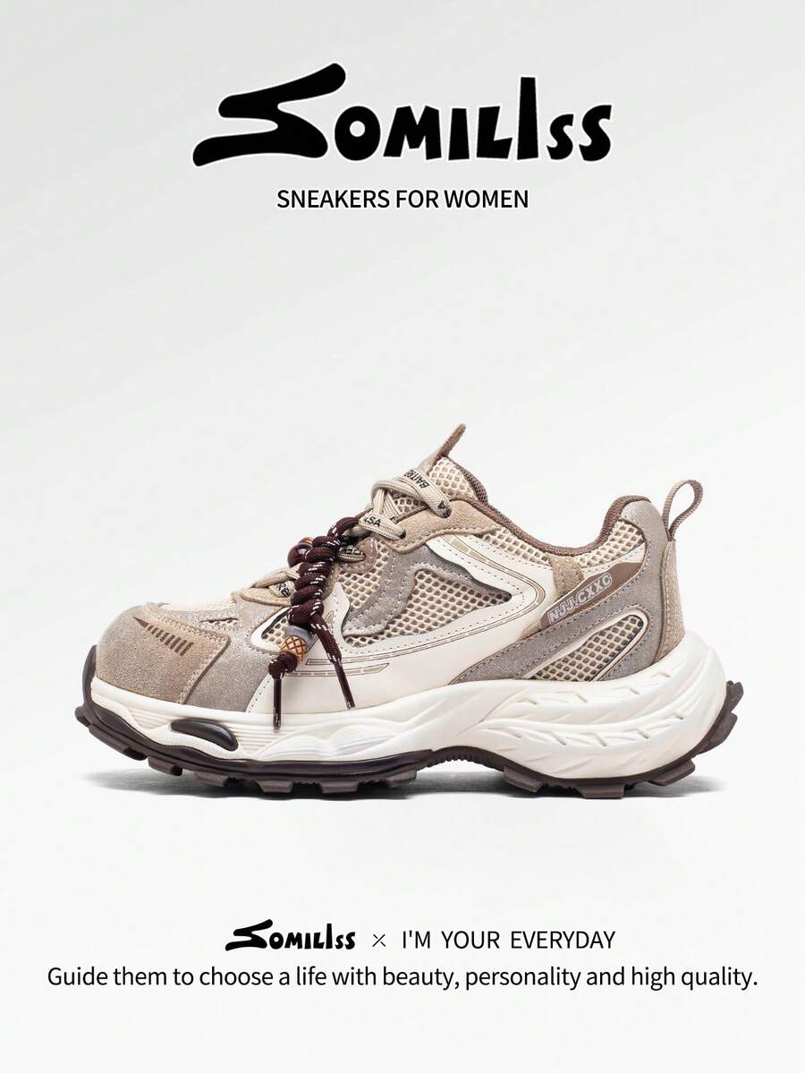 somiliss 5厘米厚底系带休闲女鞋，透气网眼面料，防滑户外步行鞋，时尚厚底，杏色，适合日常穿着