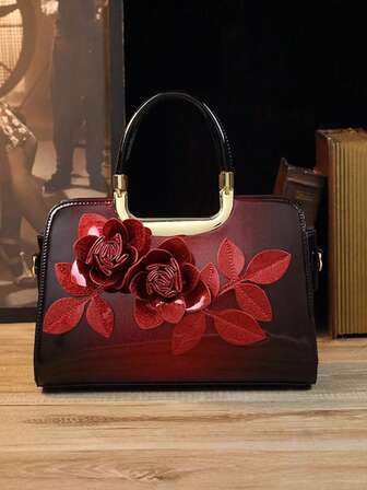 3D Floral + Ombre Burgundy High-End Glossy Leather Handbag | Tote & Crossbody 2-In-1 | 30cm Wedding & Celebration Bag | Regal Lady Clutch | Chinese Festive Mother's Bag | Shoulder Crossbody Wallet Purse | Elegant Afternoon Tea Bag, Mom's Age-Defying Accessory